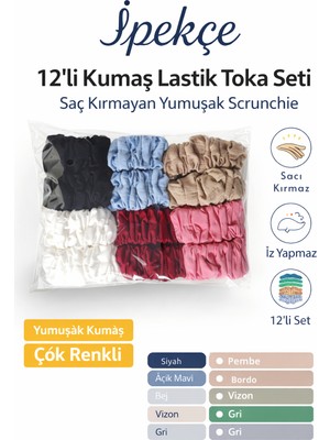 İpekçe Ipekçe 12'li Bürümcük Kumaş Scrunchie Lastik Toka Seti - Saç Kırmayan Yumuşak Doku Pastel ve Toprak Tonları
