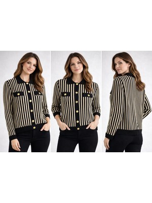 Bej Siyah Çizgili Düğmeli  Kadın Hırka