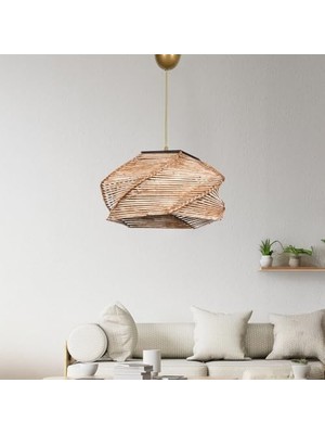 Pentagone Handmade Natural Avize | El Yapımı, Hasır Malzemeli, Eskitme Tasarım | 20-34 cm Yükseklik | 30X60 cm | E27 Duy Uyumlu