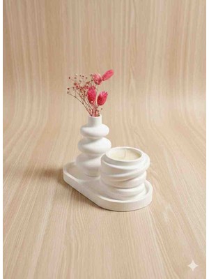 Minelly Mınelly Aura | Bohem Mumluk & Vazo Seti Dekoratif Vazo ve Mumluk Seti Beyaz Minimal Tasarım Oval Tepsili El Yapımı Modern Ev Dekoru Salon Ofis Masa Üstü Biblo Seti