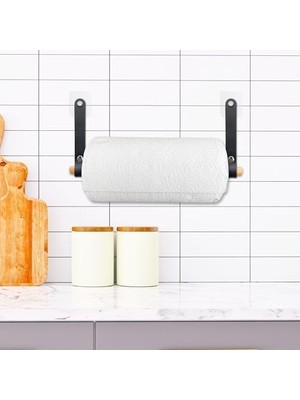 Yapışkanlı Ahşap & Deri Tuvalet Kağıtlığı | Banyo Kağıt Havluluk, Havlu Peçetelik | Wc Kağıtlık, Dolap Altı Kağıt Havlu Askısı (Siyah, Kağıt Havluluk)