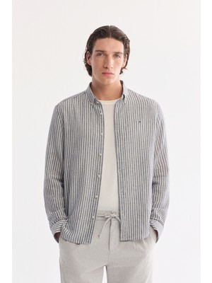 AVVA Erkek Lacivert Alttan Britli %100 Pamuk Nefes Alan Comfort Fit Gömlek A61Y2052