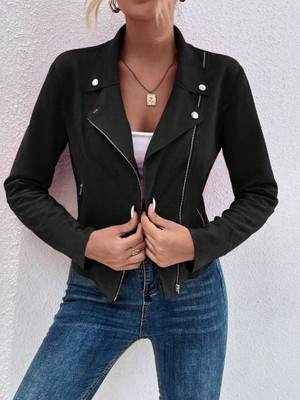 Serac Collection Kadın Uzun Kollu Yakalı Önden Fermuarlı Kısa Süet Ceket