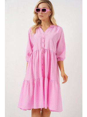 Gökyüzü Moda Düğmeli Kısa Kol Elbise 2559 - Pembe