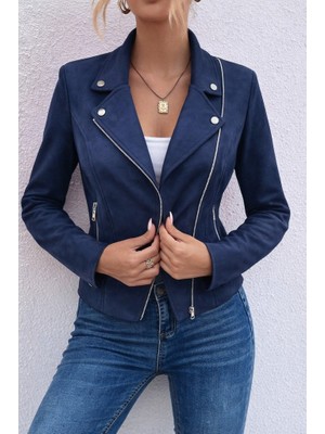 Arben Boutique Kadın Uzun Kollu Yakalı Önden Fermuarlı Kısa Süet Ceket