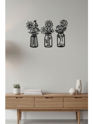 Grandmix 3’lü Metal Duvar Tablo Seti Çiçek ve Vazo Temalı Dekoratif Tablo