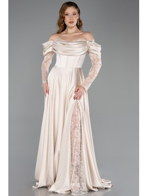 Abiyefon Dantel Uzun Kol Kayık Yaka Saten Abiye ABU5054