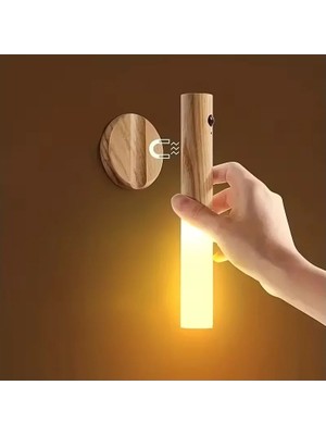 SP Sensörlü USB Şarjlı Mıknatıslı Taşınabilir Duvar Aplik Masa Lambası Ahşap Görünümlü Gün Işığı