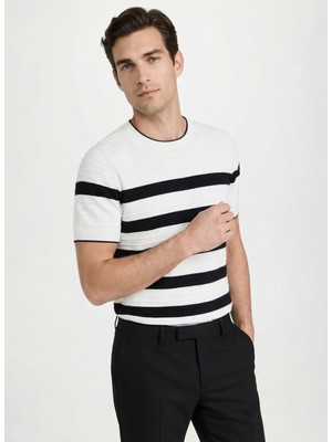 Fabrika Bisiklet Yaka Slim Fit Çizgili Beyaz Erkek Kazak F6SM-KZK 2480