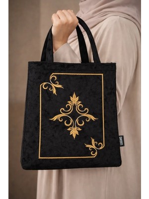 Lugmo Nakışlı Kadife Seccade Kuran Terlik Çantası Çeyizlik Ibadet Çantası Siyah