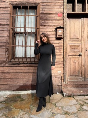 Serac Collection Kadın Uzun Kollu Balıkçı Yaka Derin Yırtmaç Detay Krep Elbise