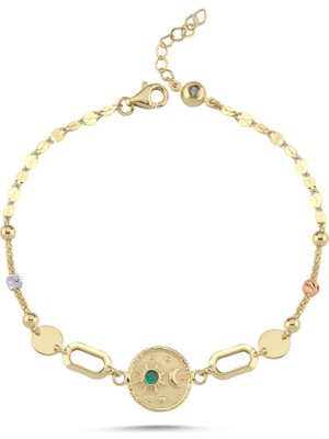 Sembol Gold Vintage Yeşil Taşlı Yuvarlak Motif Altın Bileklik17-20 cm