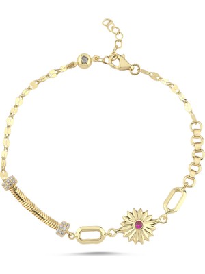 Sembol Gold Kırmızı Taşlı Yıldız Motifli Altın Bileklik 17-20 cm