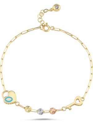 Sembol Gold Kalp & Nazar Detaylı Altın Bileklik 17-20 cm