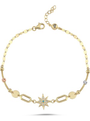 Sembol Gold Yıldız Detaylı Zarif Altın Bileklik 17-20 cm