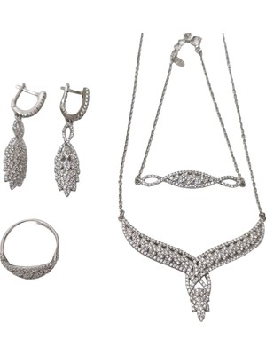 Hasyılmaz Zirkon Taşlı 925 Ayar Gümüş Rodyumlu Takı Seti 17-22 Gram (023)