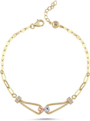 Sembol Gold 14 Ayar Altın Luna İkili Top Detaylı Zarif Kadın Bileklik 17-20 cm