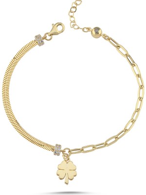 Sembol Gold Yonca Motifli Şans Altın Bileklik 17-20 cm