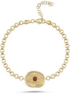 Sembol Gold Vintage Akik Taşlı Güneş Motifli Kalın Zincir Bileklik 17-20 cm