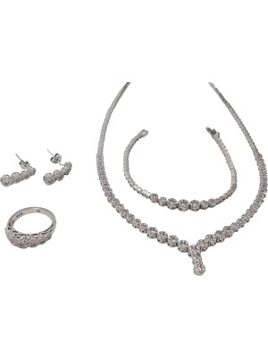 Hasyılmaz Zirkon Taşlı 925 Ayar Gümüş Rodyumlu Takı Seti 28-32 Gram (048)