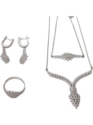 Hasyılmaz Zirkon Taşlı 925 Ayar Gümüş Rodyumlu Takı Seti 15-20 Gram (007)