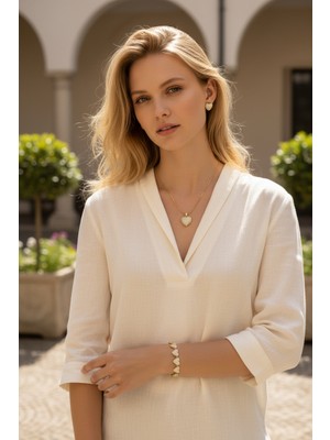 Initium Xuping Paslanmaz Çelik 14K Altın Kaplama Kalp Model Sevgililer Günü Hediye Seti (Kolye, Küpe, Bileklik)(Hediye Kutulu)