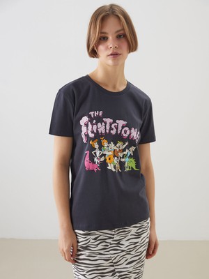 Lc Waikiki Yeni Sezon Bisiklet Yaka Taş Devri Baskılı Kadın Tişört