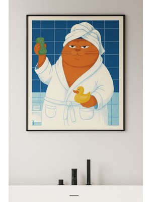 Safir Design Banyo Yapan Kedi Duvar Sanatı | Modern Çerçeveli Tablo