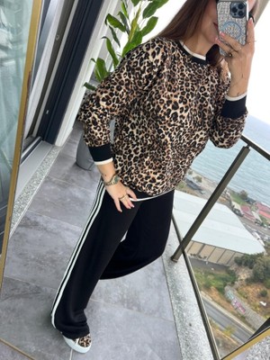 Serac Collection Kadın Uzun Kollu Bisiklet Yaka Leopar Desenli Iki Iplik Bluz ve Viskon Iki Iplik Pantolon Ikili Takım