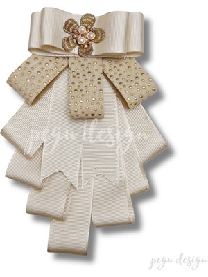 Pegu Luxury Ekru Grogren Kurdele Incili Çiçekli Yaka Broş,papyon,kravat ..