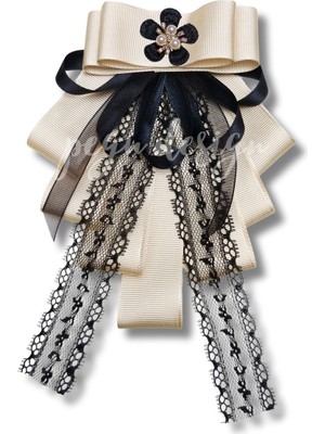 Pegu Luxury Ekru Dantelli Kadife Kurdele Incili Çiçekli Yaka Broş,papyon,kravat ..