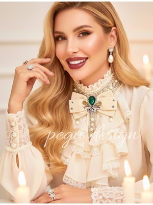 Pegu Ekru Kadife , Yanlar Inci Sallantılı Kristal Taşlı ,kadın Papyon,broş,yeniyıl Kutlama,kravat