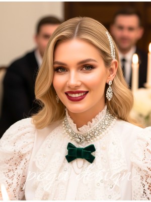 Pegu Zümrüt Yeşil Kadife ,kristal Taşlı ,kadın Papyon,broş,yaka Iğnesi,kravat