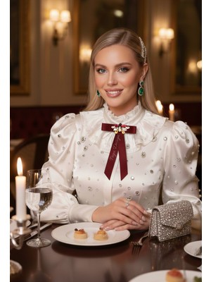 Pegu Bordo Saten Kristal Taşlı Kurdele Broş,yaka Iğnesi ,yılbaşı Kutlama,okul,ofis