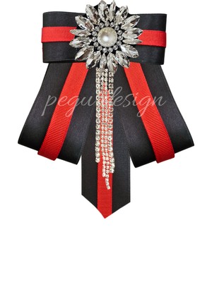 Pegu Ayçiçeği Kırmızı Şeritli Siyah Saten Kadın Broş,yaka Iğnesi ,papyon/kravat