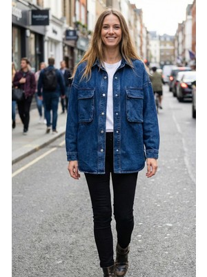 Twister Bg J66-03 Dark Blue Cep Detaylı Oversize Kadın Kot Ceket Mavi