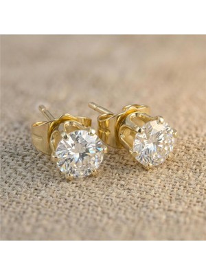 Zeino Tek Taş Zirkon Küpe - 14K Altın Rengi Kaplama, 6 mm Çap