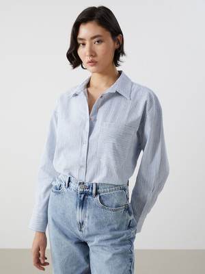 Lc Waikiki Yeni Sezon Çizgili Keten Karışımlı Oversize Kadın Gömlek