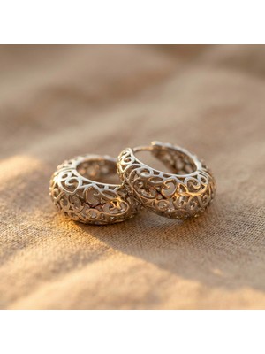 Zeino Kalın Kafes Desenli Halka Küpe - Gümüş Rengi Kaplama, 2 cm Çap