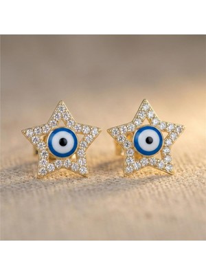 Zeino Yıldız Nazar Boncuklu Küpe - 14K Altın Rengi Kaplama, 1,5 cm