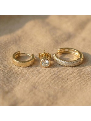 Zeino Tektaş Düz Halka Zirkon 3'lü Küpe Seti - 14K Altın Rengi Kaplama