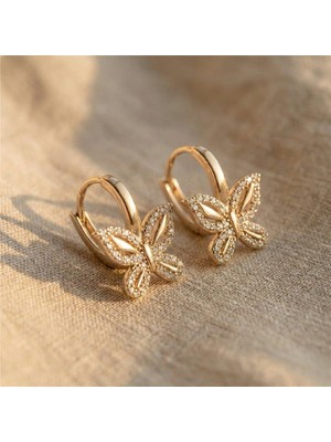 Zeino Kelebek Taş Detaylı Sallantılı Halka Çelik Küpe - 14K Altın Rengi Kaplama, 1,8 cm