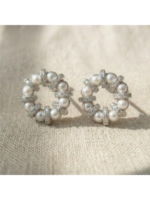 Zeino Inci ve Zirkon Taşlı Yuvarlak Küpe - Gümüş Rengi Kaplama, 1,3 cm Çap