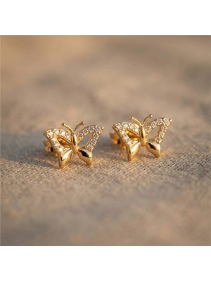 Zeino Kelebek Taş Detaylı Çelik Küpe - 14K Altın Rengi Kaplama, 9 mm