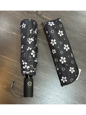Normadia Kadın Kompakt Otomatik Şemsiye, 108 Cm, Çiçek Desenli, Siyah