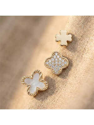 Zeino Üçlü Beyazlı Yonca Küpe Seti - 925 Ayar Gümüş Kaplama 14K Altın Rengi