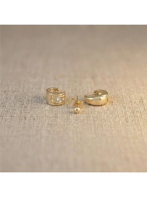 Zeino Top Halka Zirkon Taşlı 3'lü Küpe Seti - 14K Altın Rengi Kaplama