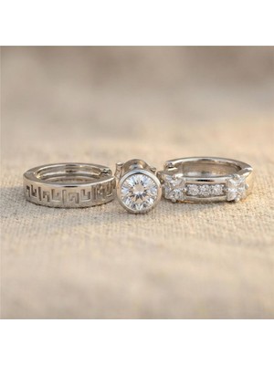 Zeino Tektaş Grek Desen Zirkon Taşlı Halka 3'lü Küpe Seti - Gümüş Rengi Kaplama