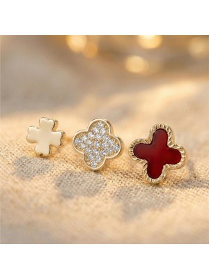 Zeino Üçlü Kırmızılı Yonca Küpe Seti - 925 Ayar Gümüş Kaplama 14K Altın Rengi