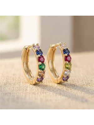 Zeino Renkli Zirkon Taşlı Halka Çelik Küpe - 14K Altın Rengi Kaplama, 1,5 cm Çap